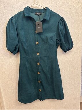 ASOS LOLA MAY women’s hunter green corduroy Button-Front Puff Sleeve Dress US 6